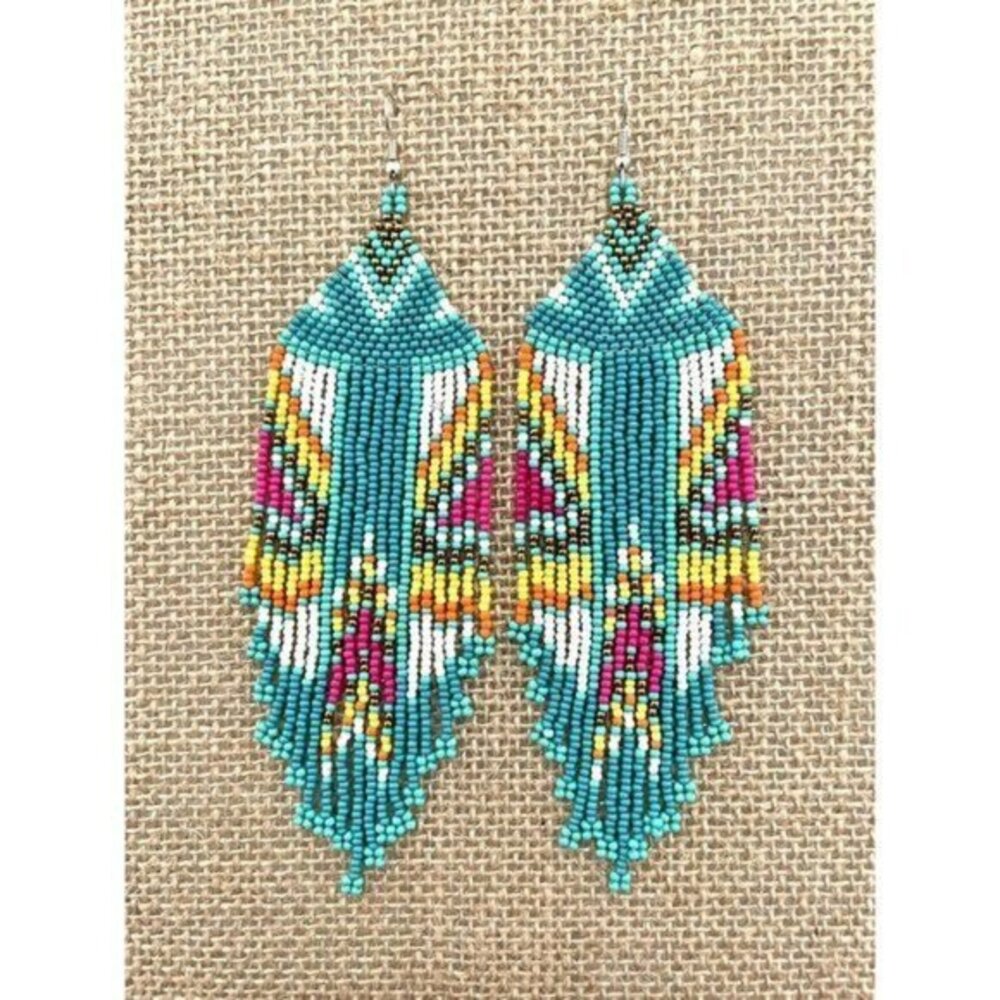 Handmade Miyuki Seed-Bead Fringe Dangling Earrings Western Style Blue NWT